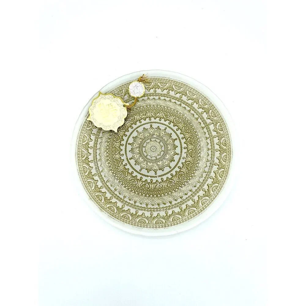 TURKISH GLASS White Entrée Plates Hand Painted Gold Lace Set of 4 NWT Glass